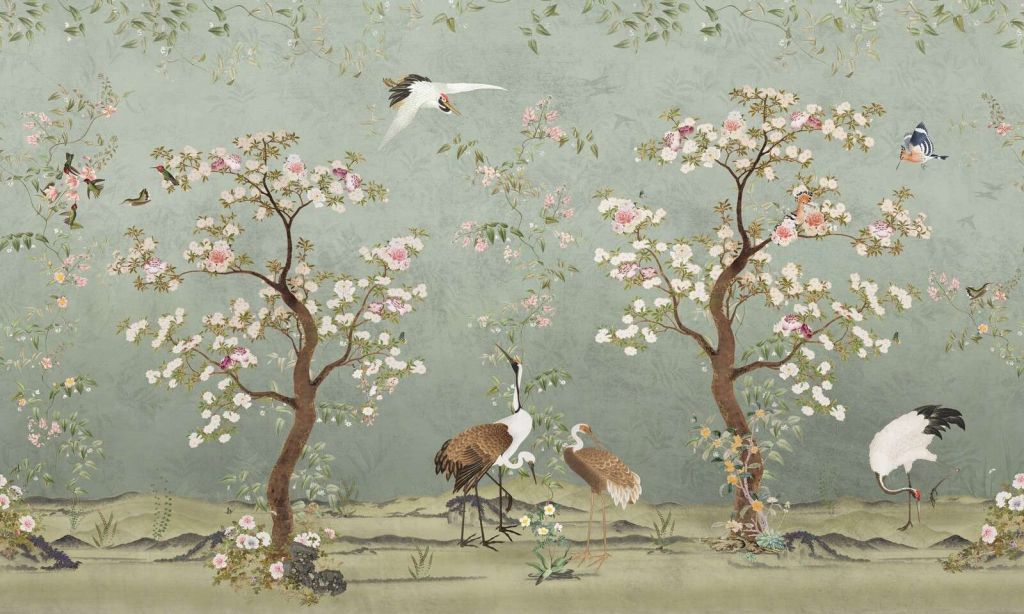 Blossom trees with cranes on jade green