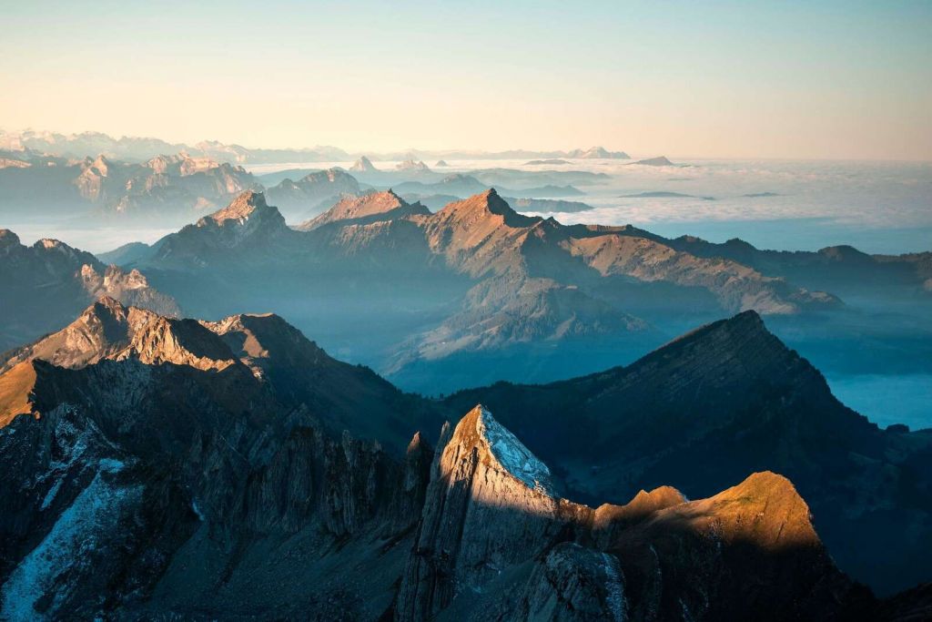 Mountain range in soft morning shadow
