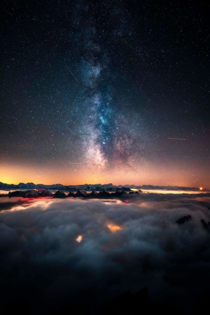 Milky Way above nocturnal mountain patches