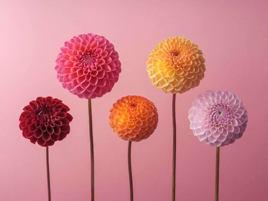 Five Dahlias on Pink Background