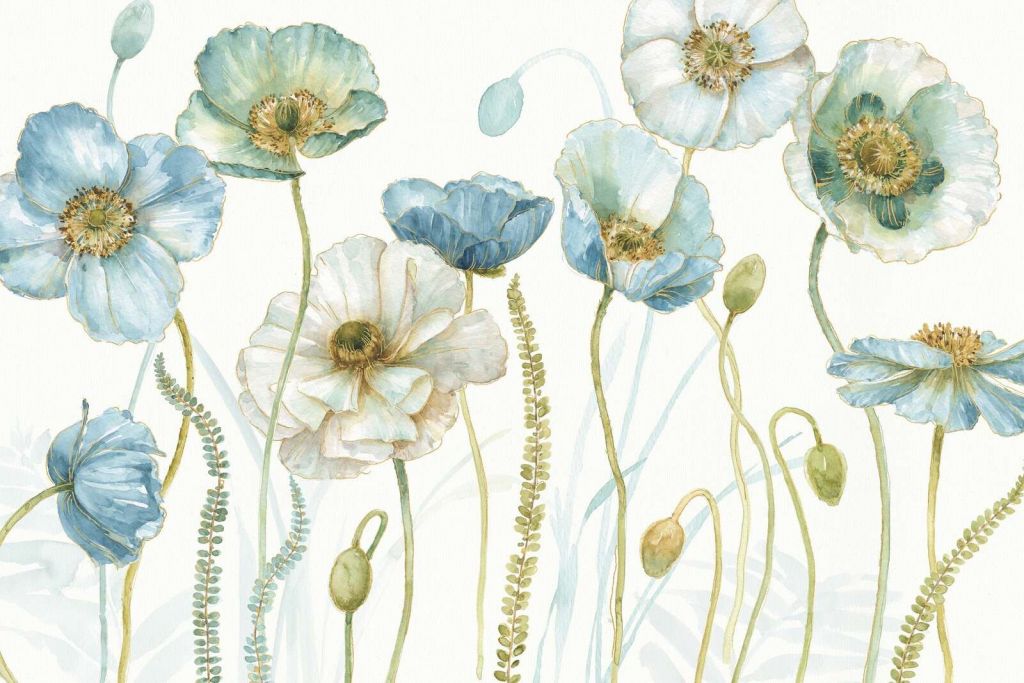 Watercolor Poppies in Blue-Green Field