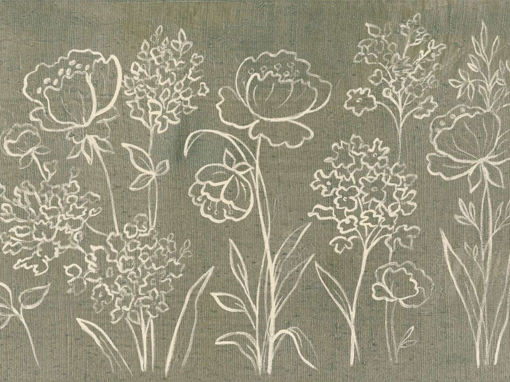 Drawn Field Flowers on Moss Green