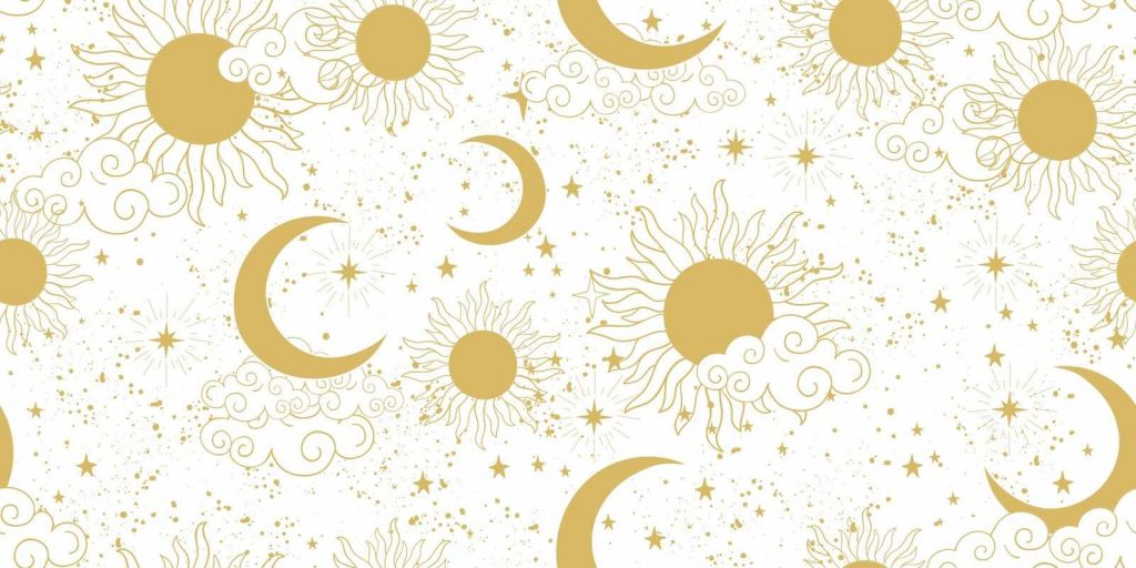 Sun, moon and stars in gold.