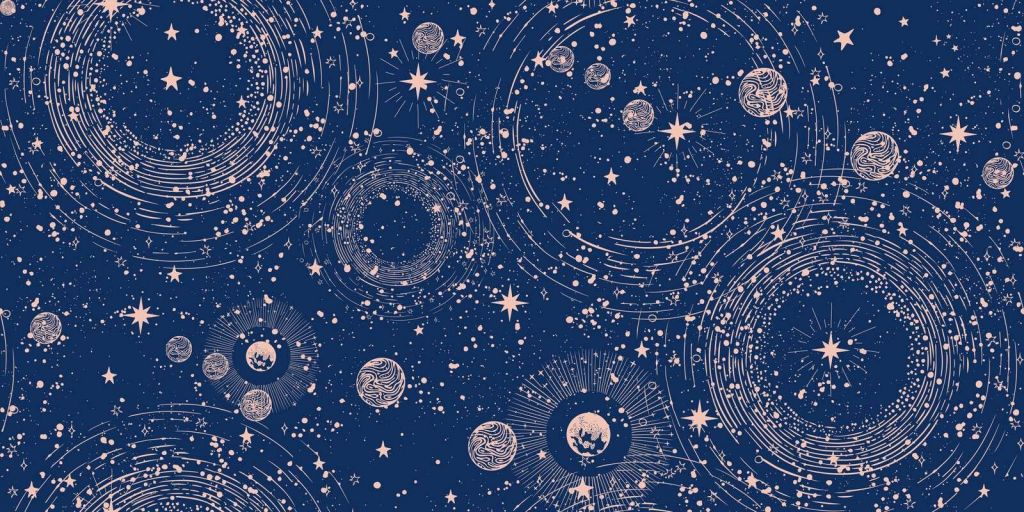 Rain of planets in midnight blue