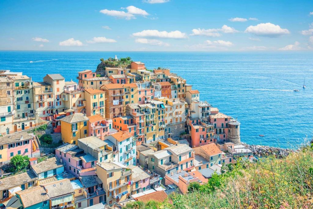 Pastel coast under azure blue sky