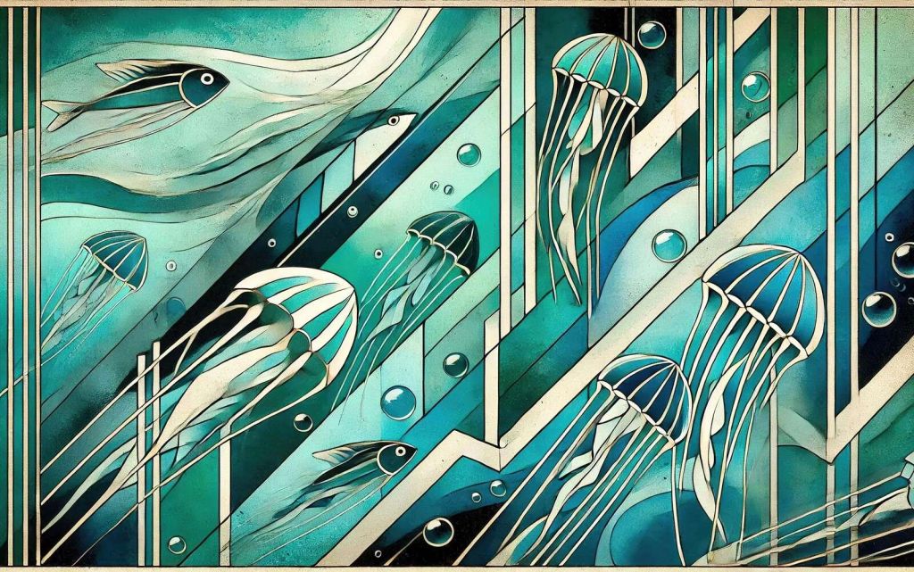 Underwater world with jellyfish in art deco lines