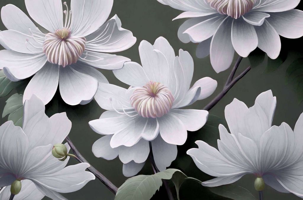 Light-colored clematis flowers in white