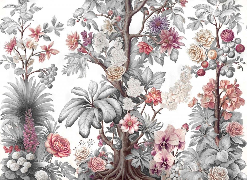 Botanical blossom tree in grayscale