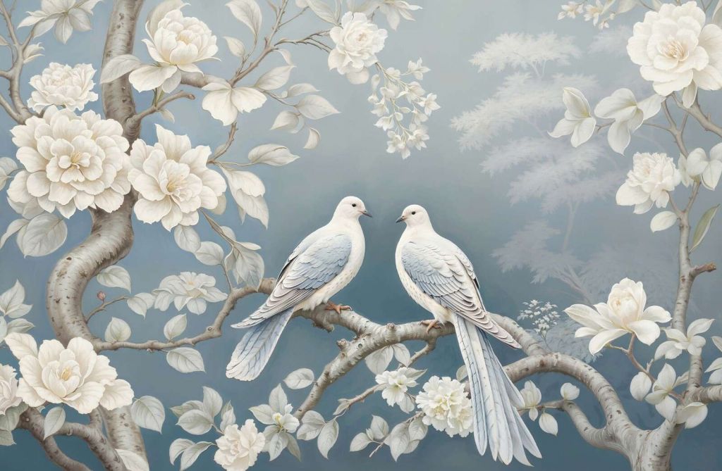 White doves among the flowering branches