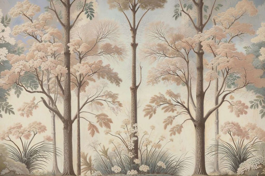Soft woodland landscape with flowering trees