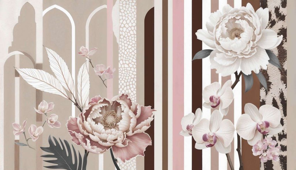 Peonies and orchids with bows.