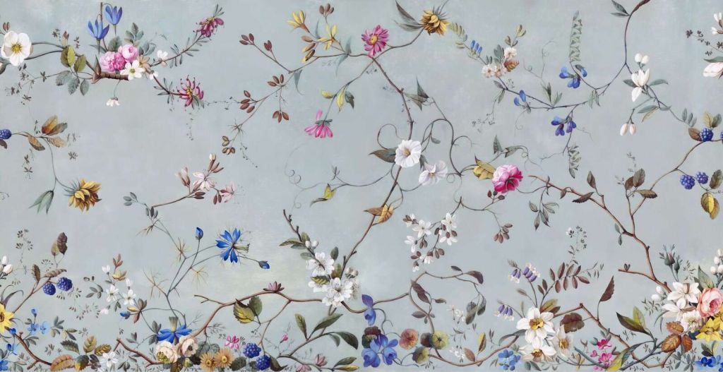 Delicate cherry blossom branches on misty blue