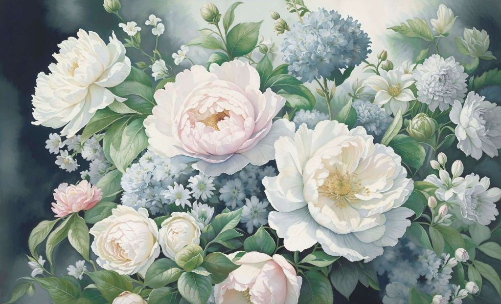 Romantic peonies in pastel blue