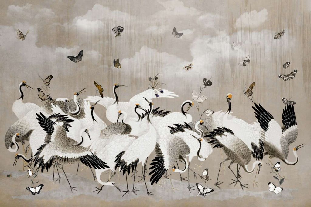 Elegant cranes with butterflies
