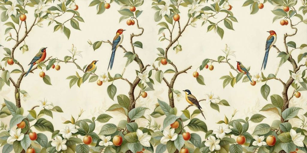 Vintage songbirds in fruit trees