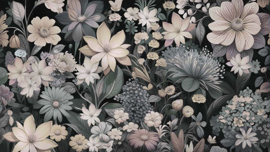 Dark flower meadow with pastel shades