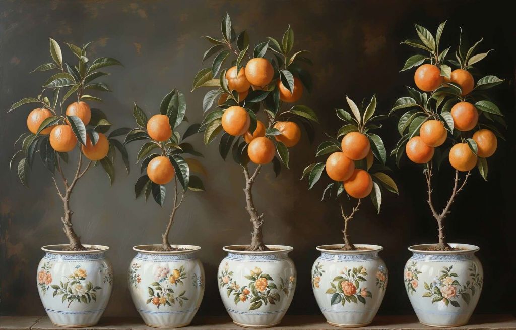 Orange trees in ornate flower pots