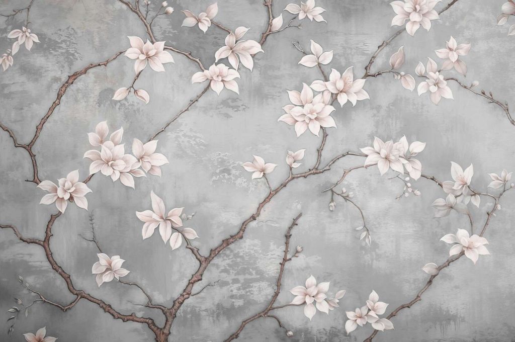 White magnolia branch on mist gray