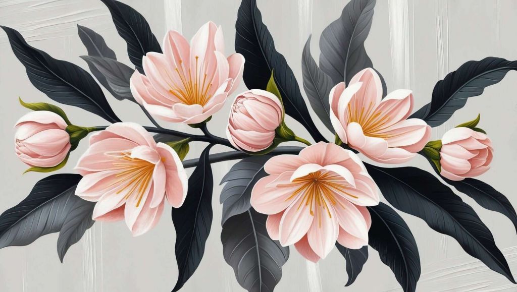 Pink magnolia blossoms with dark leaves