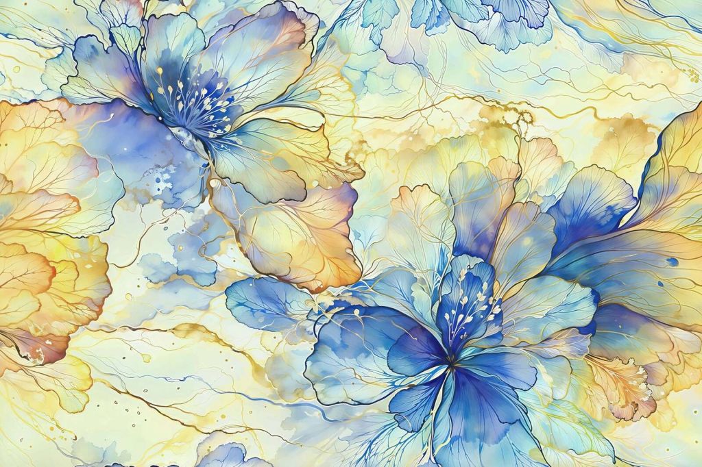 Watercolor flowers in blue and gold