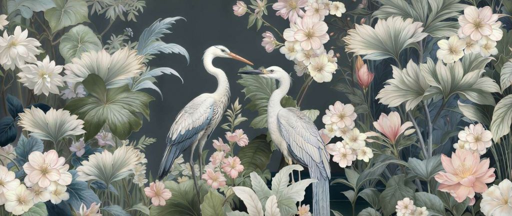 White herons among soft flowers