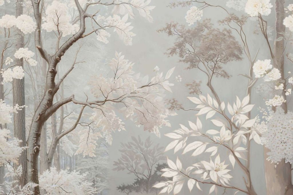 Misty forest landscape with white blossoms