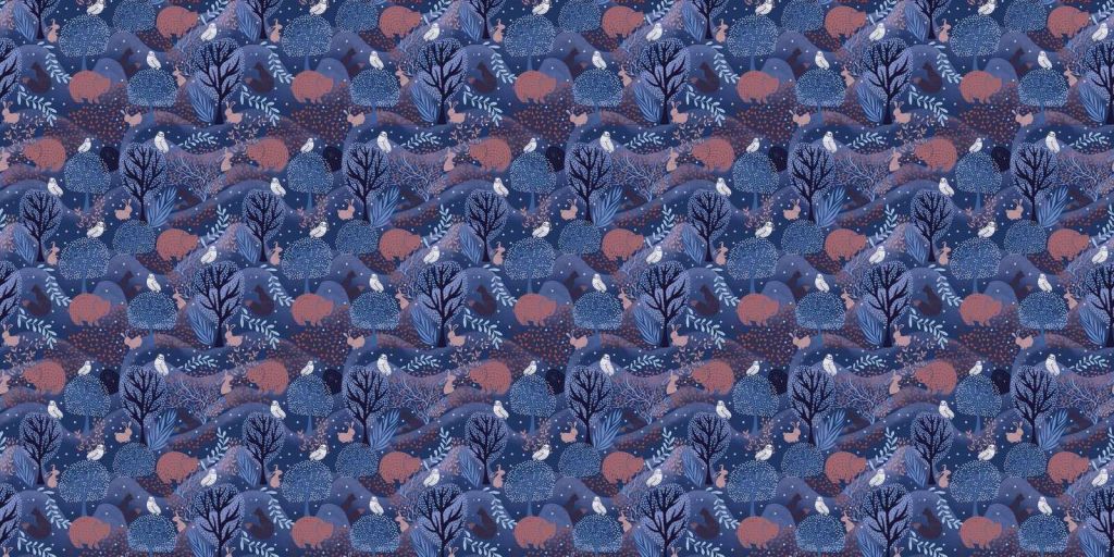 Magical forest landscape with bears and birds