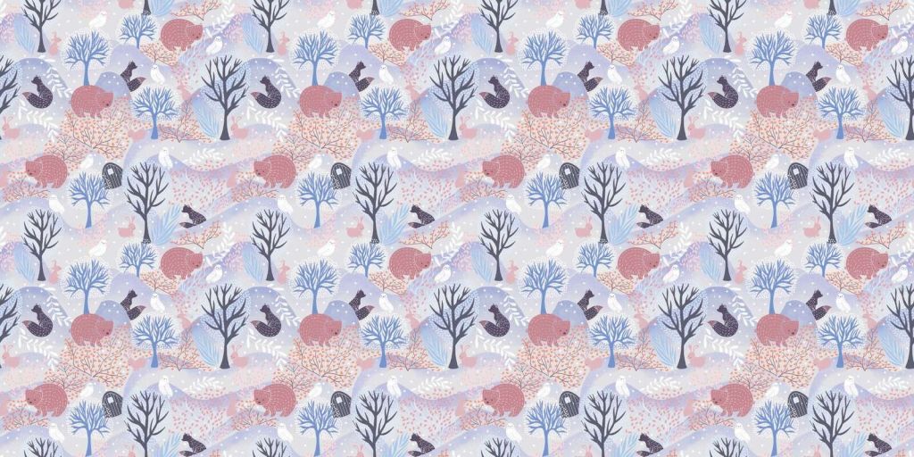 Pastel forest landscape with bears and birds