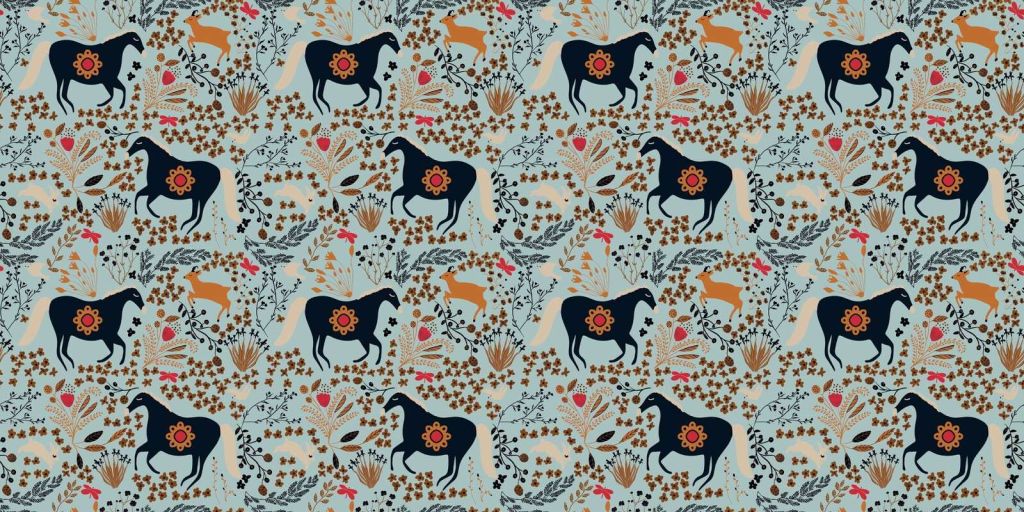 Flower field with horses and deer