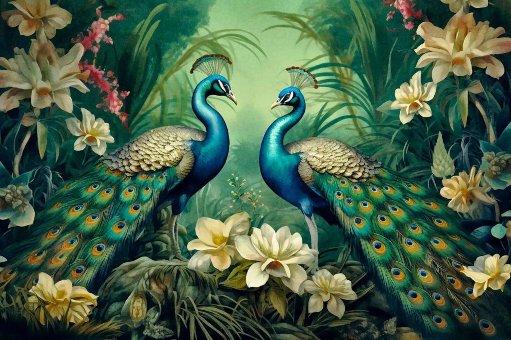 Peacocks mystic green jungle garden