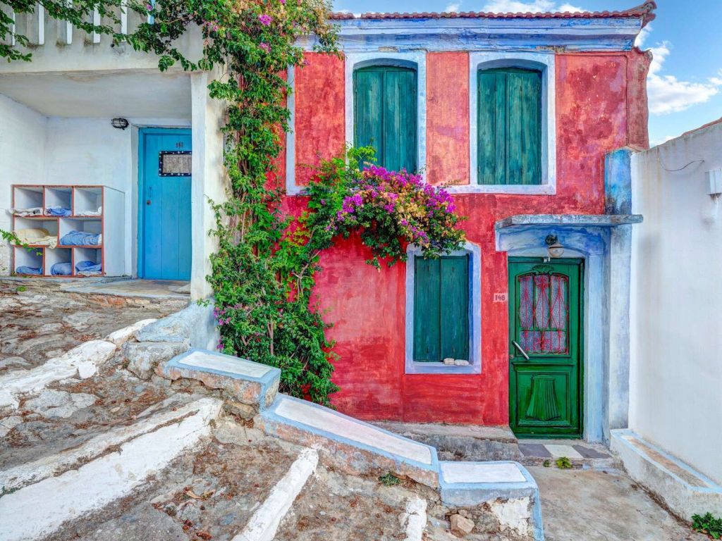 Colorful Mediterranean facade with flowers