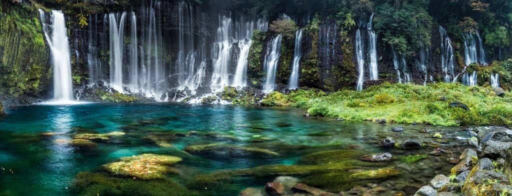 Waterfall panorama with turquoise blue water