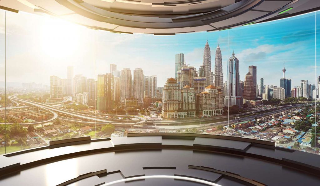 Wereldstad vanuit een futuristische kamer