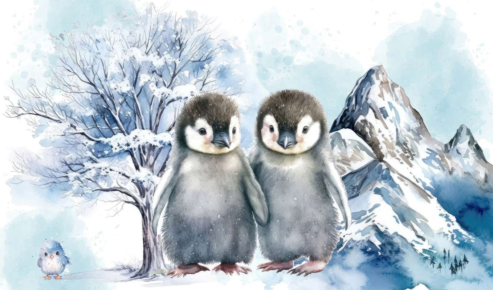 Wall Mural - Cute penguins in winter landscape - Wallpaper, image size:1600x942