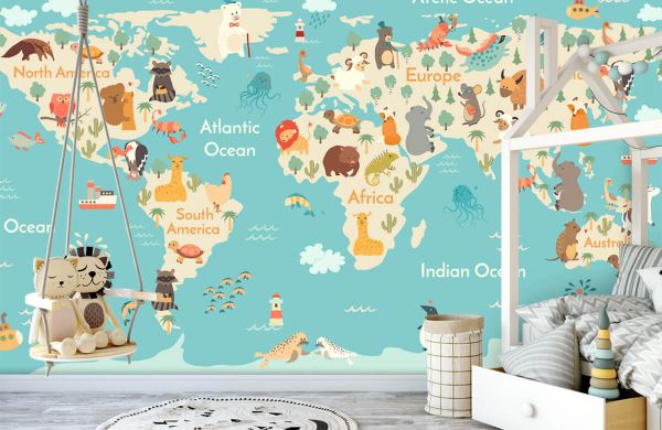 World map with animals - Wallpaper