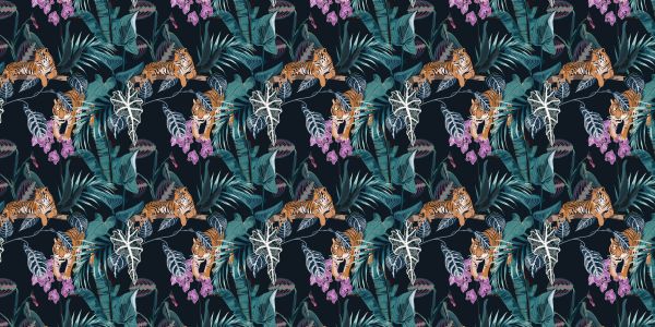 Tigers, leaves and flowers