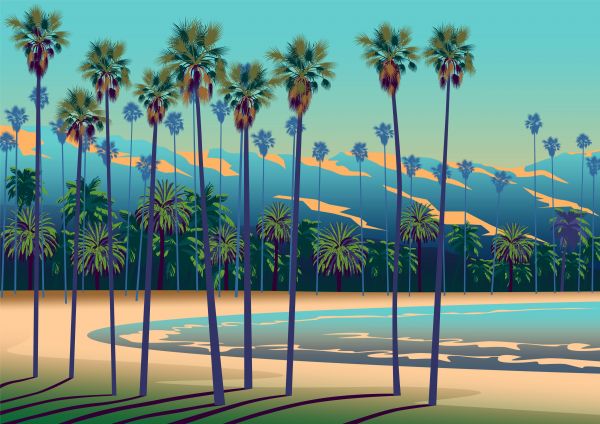 Drawn lake with palm trees
