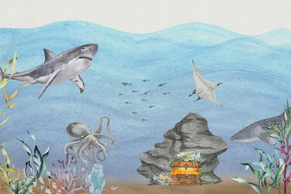 Underwater world with sharks