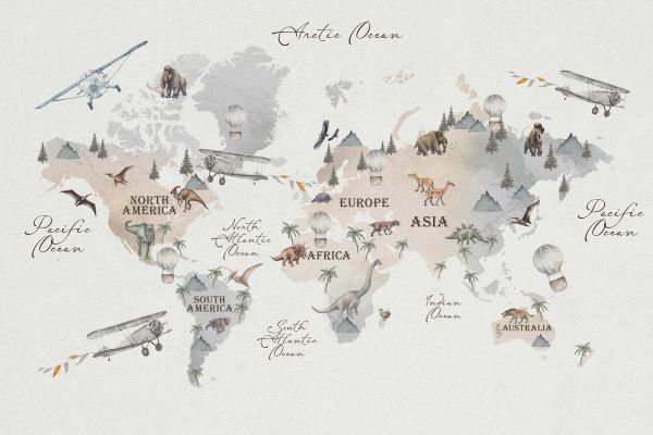 World map with dinosaurs