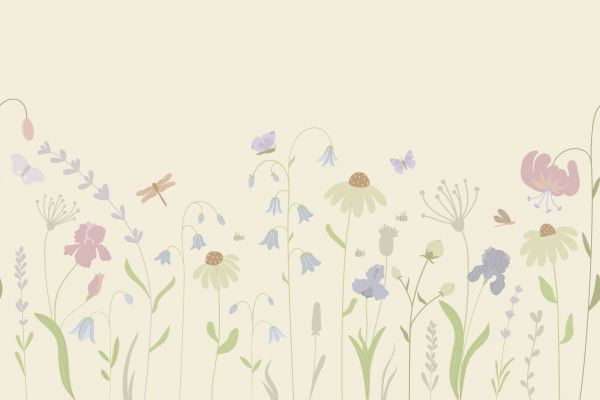 Flower field high with butterflies sand, old pink, green and lilac