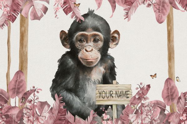 Baby chimpanzee in the jungle pink