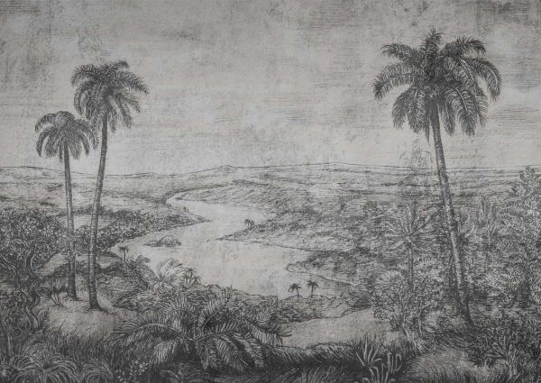 Palm landscape in gray engraving style