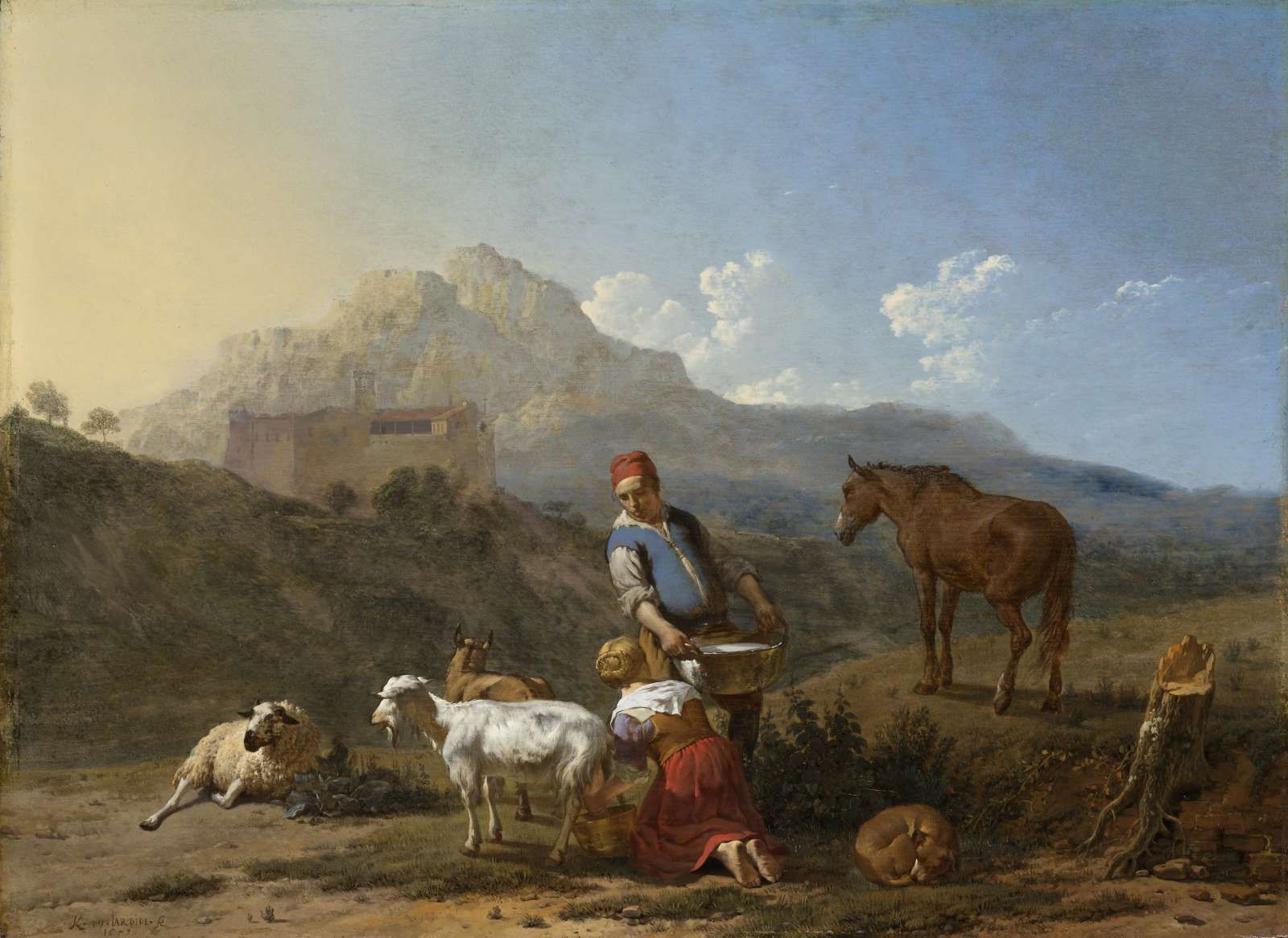 Italiaans landschap met geitenmelkster
