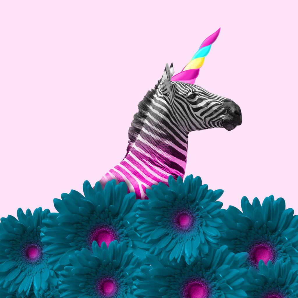 Kruising van een zebra en eenhoorn met blauw-paarse bloemen
