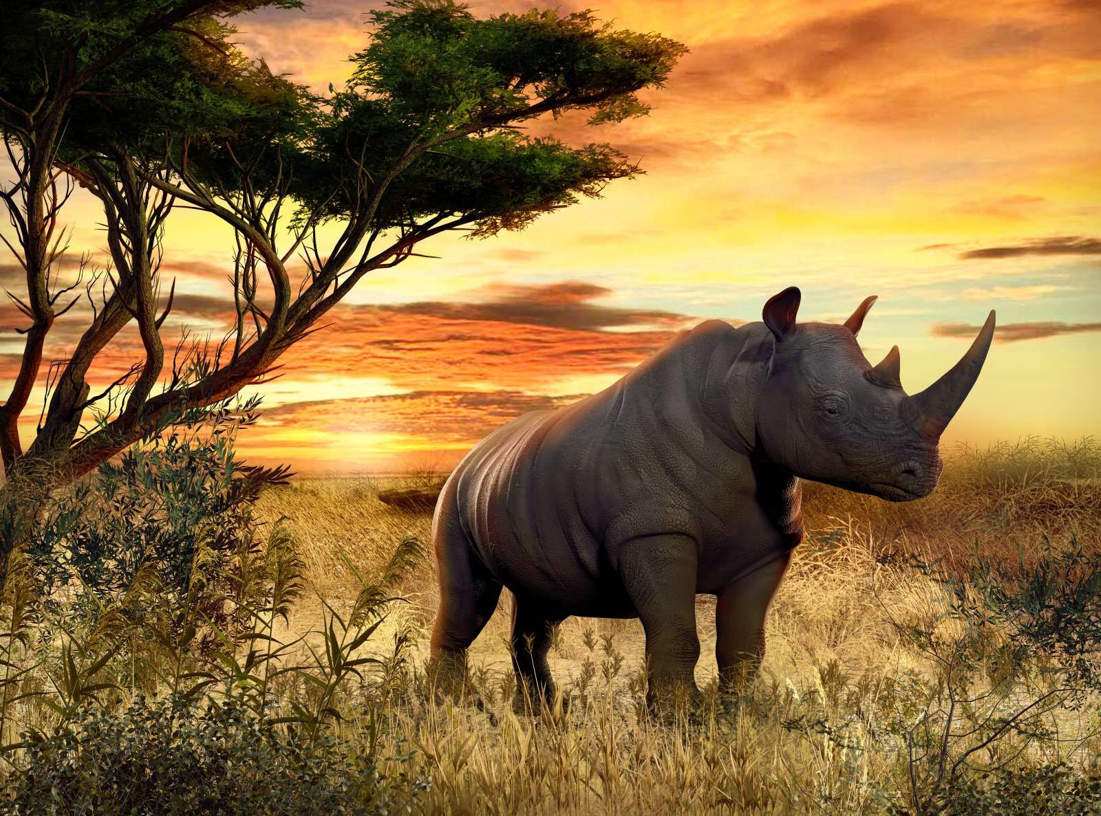 Neushoorn bij zonsondergang