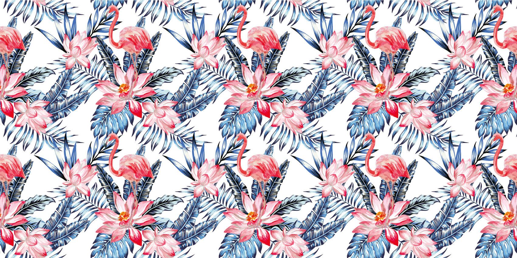 Pink flamingo with blue palm leaf pattern