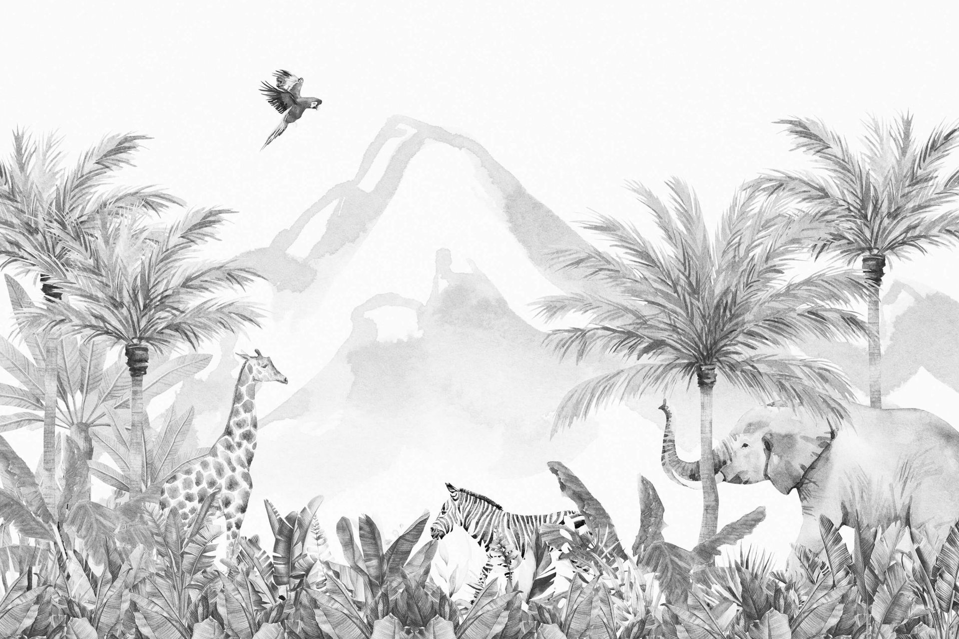 Wallpaper Mural Jungle animals in black and white Photo Wallpaper