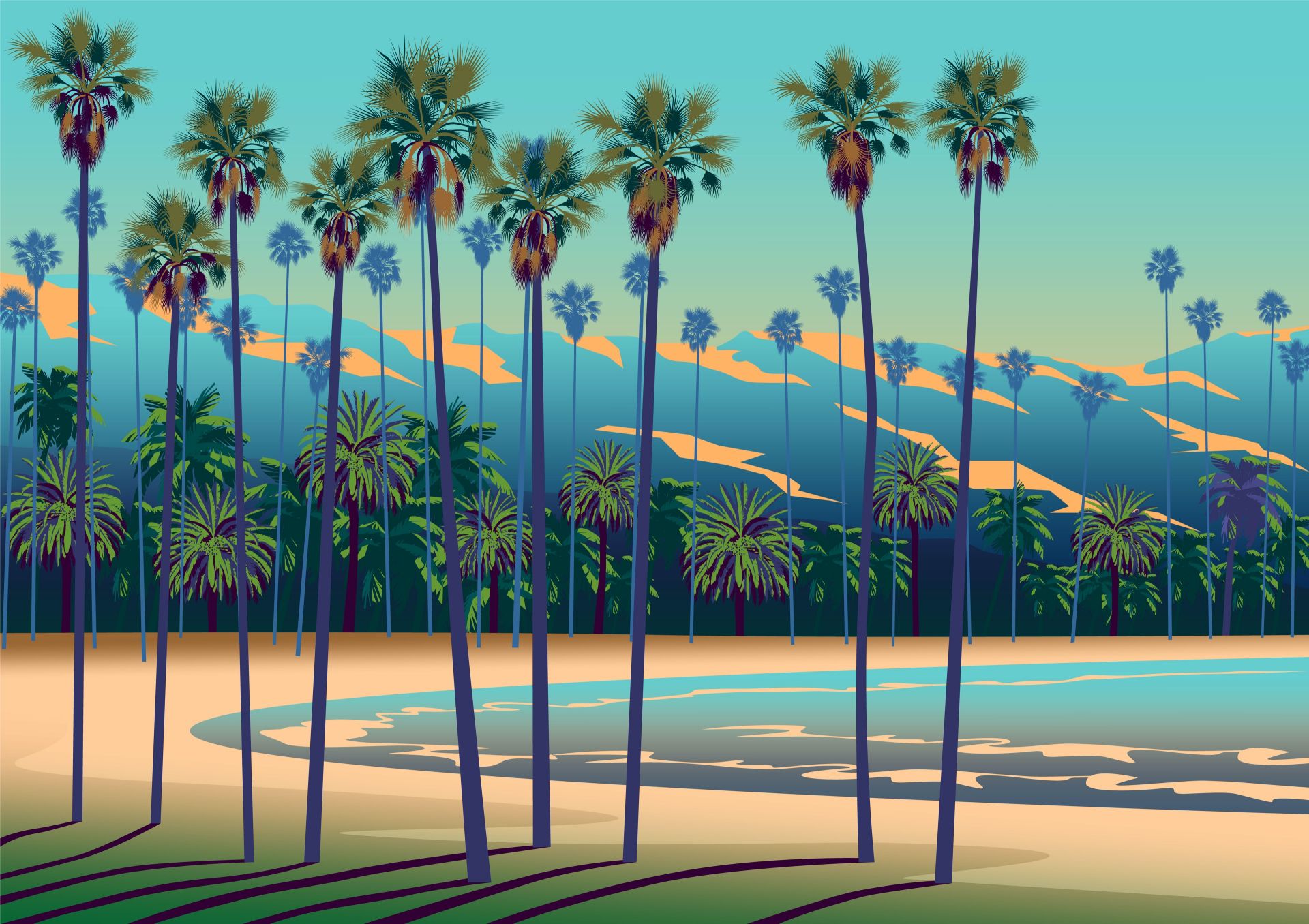Drawn lake with palm trees