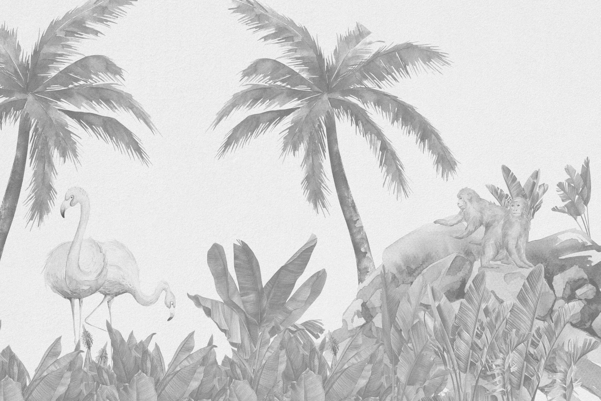 Flamingos and monkeys in grey tones main product photo