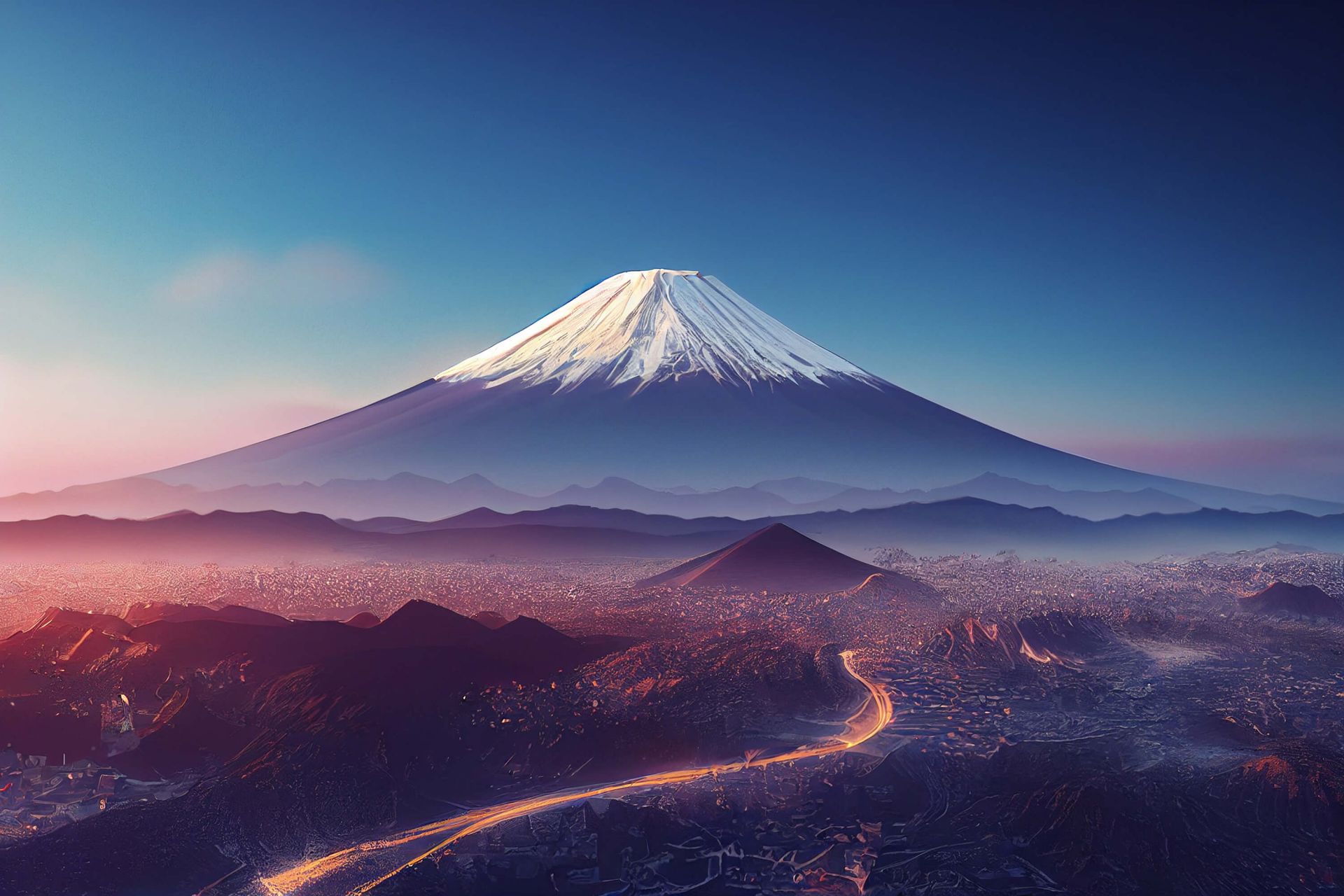 Snowy image of anime mountain Fuji reflected in water at night 2K wallpaper  download